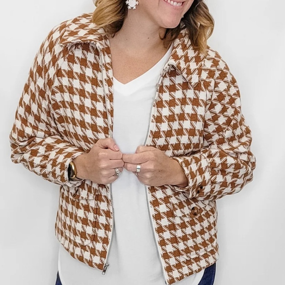 New Multiples “Natural Attraction” Zip Front Lined‎ Camel Houndstooth Jacket XL